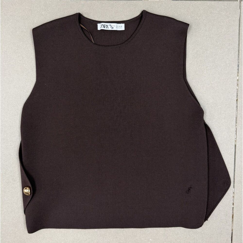 Zara Chocolate Brown Sleeveless Knit Top M Gold Button Detail